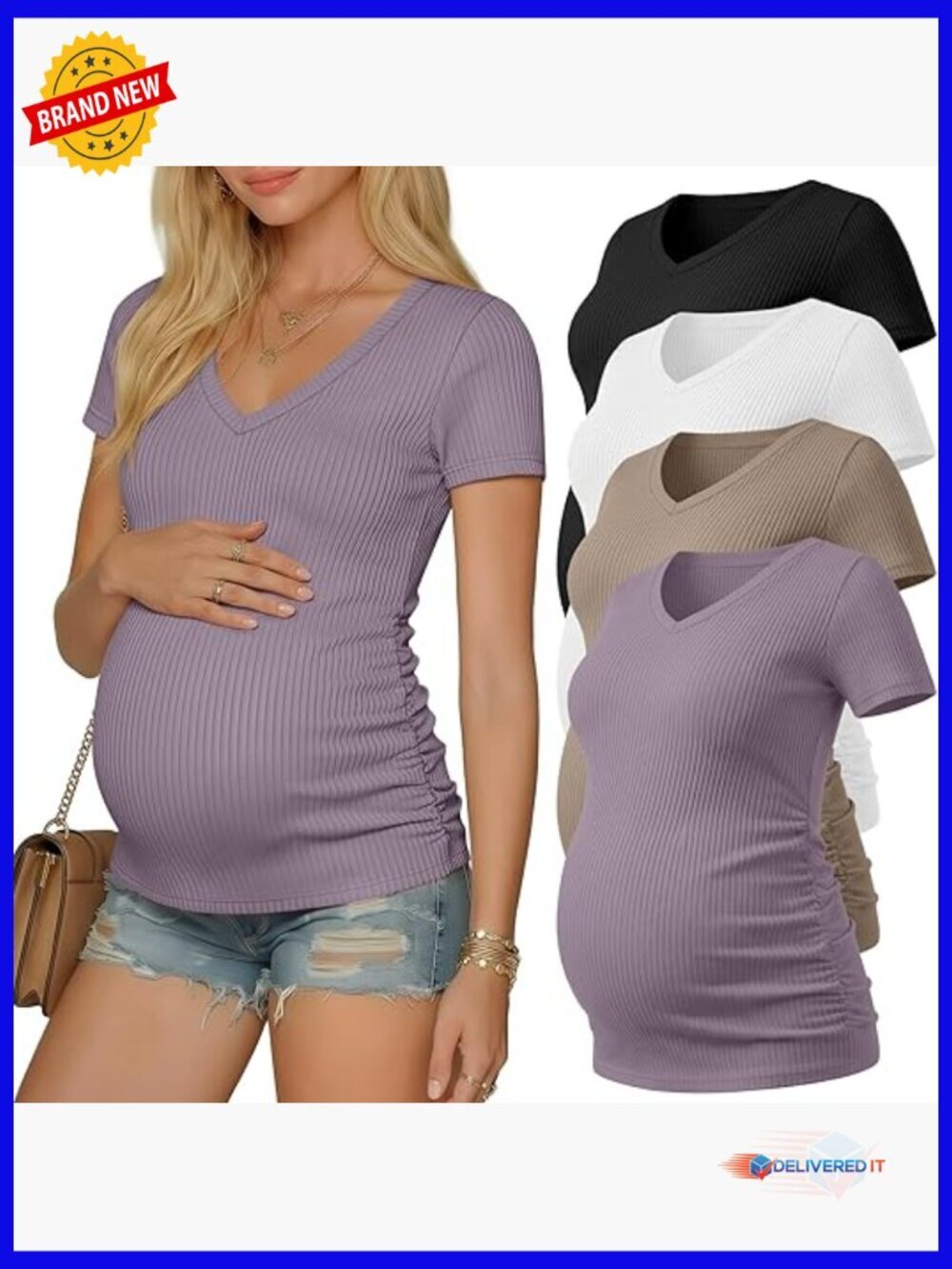 4 Pack Maternity V-Neck Tees Short Sleeve Ribbed Side Ruched Tops